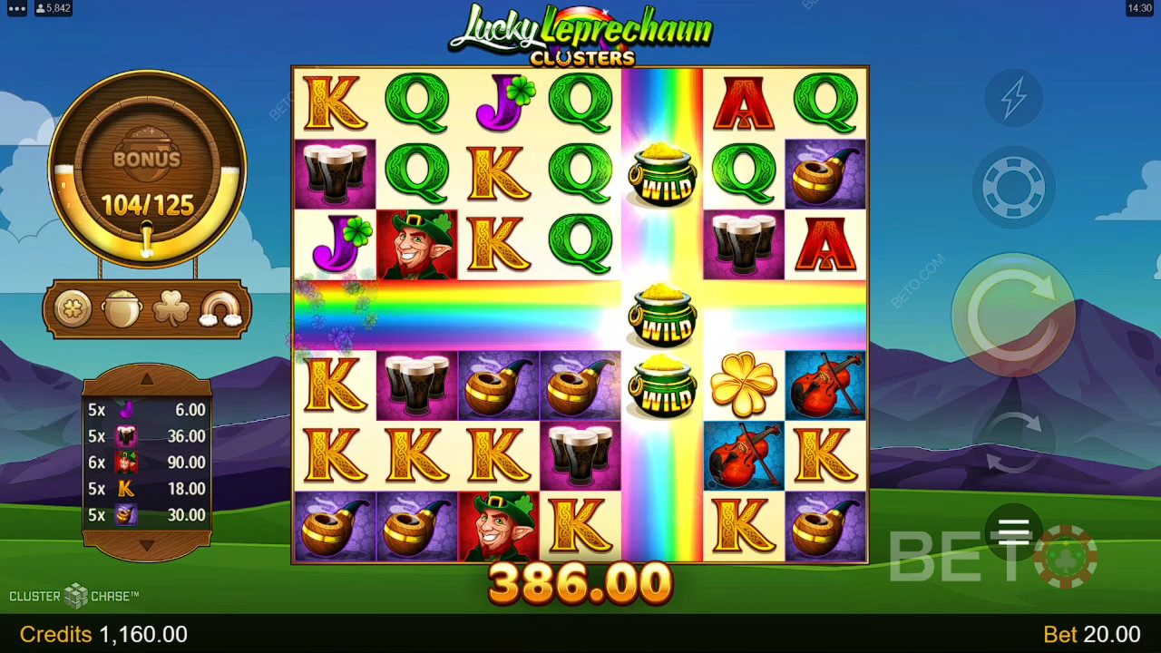 ฟีเจอร์โบนัสที่อธิบายไว้ใน Lucky Leprechaun Clusters โดย Microgaming