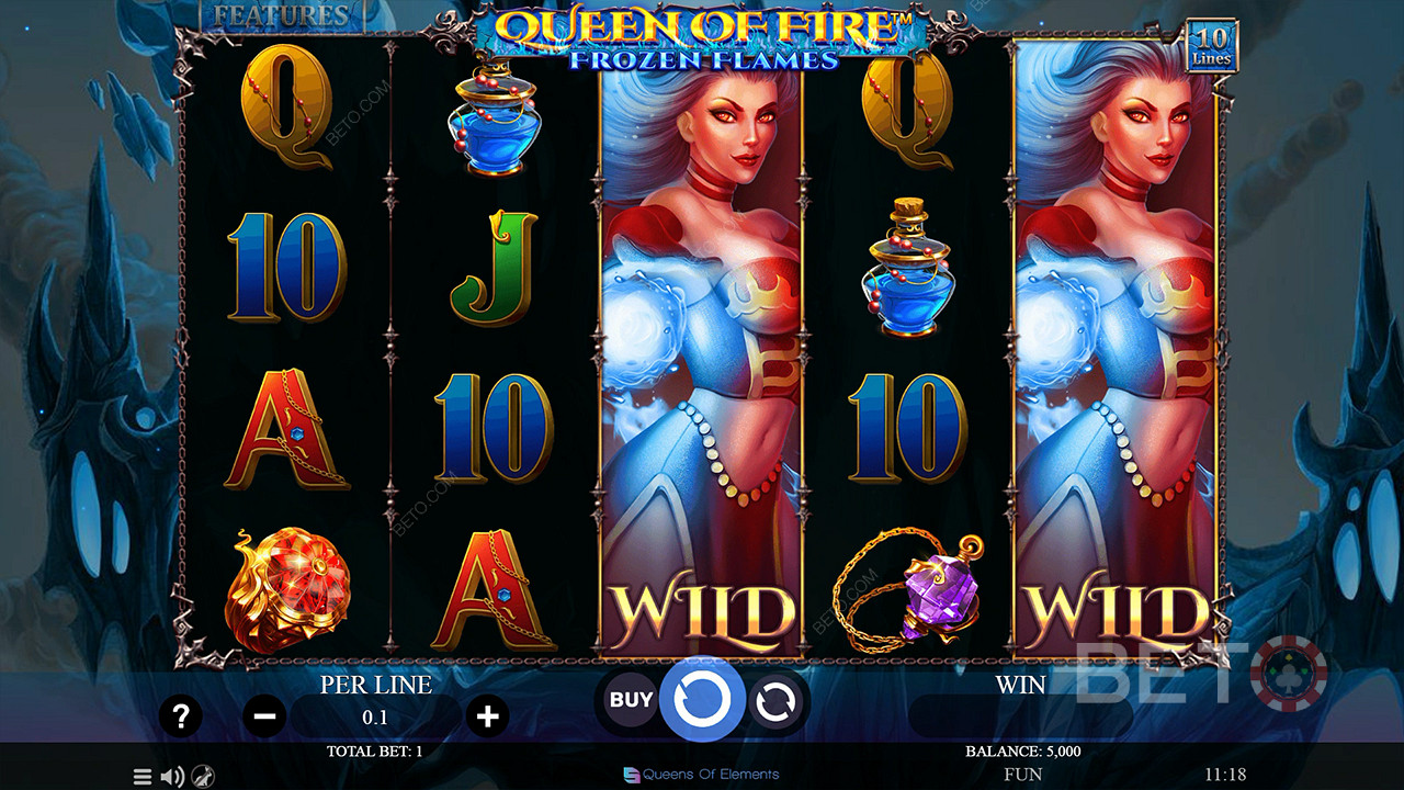 เพลิดเพลินไปกับการขยาย Wilds ในเกมหลักในสล็อต Queen of Fire - Frozen Flames