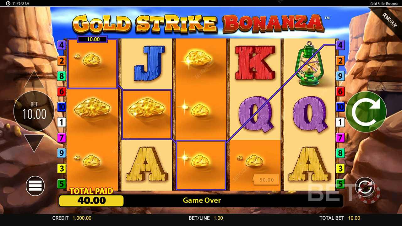 รับรางวัล 2,500 เท่าของเดิมพันของคุณในสล็อตแมชชีน Gold Strike Bonanza Fortune Play!